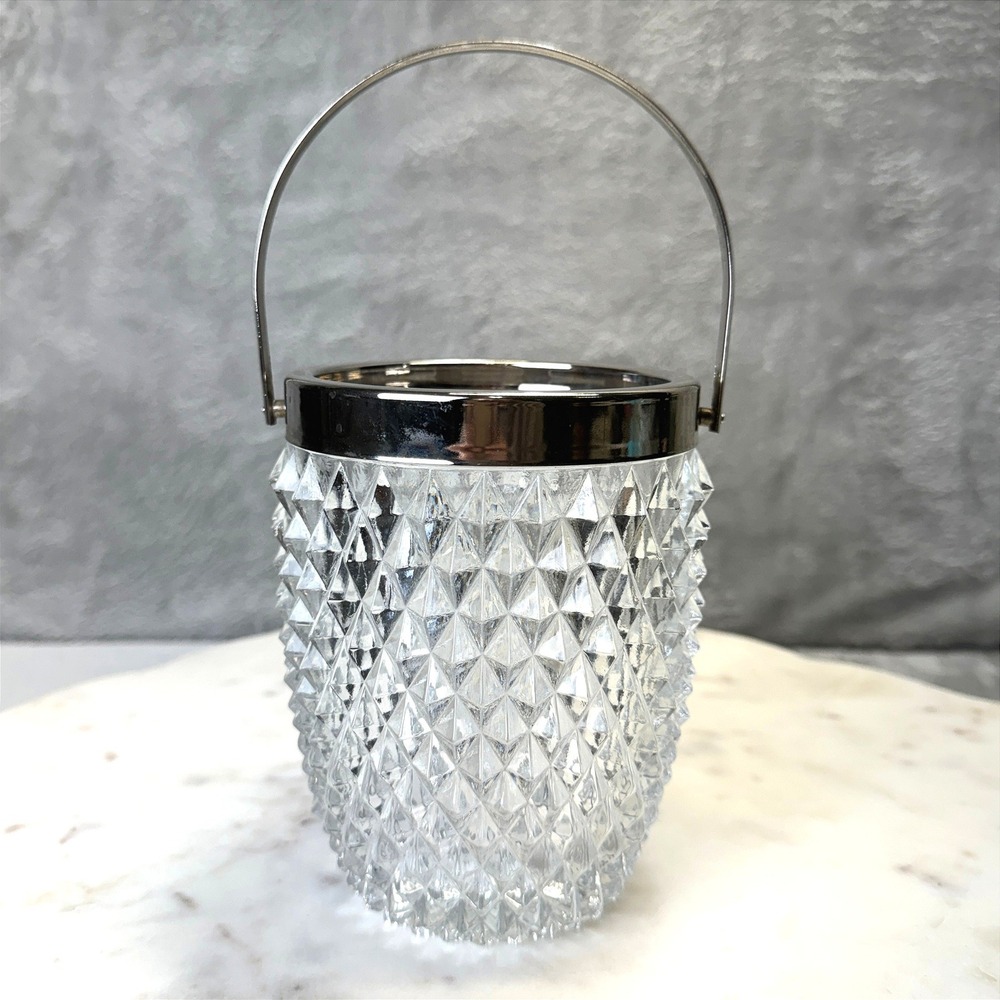 Vintage English Cut Glass Ice Bucket Silver Rim Swing Handle Diamond Point Bar